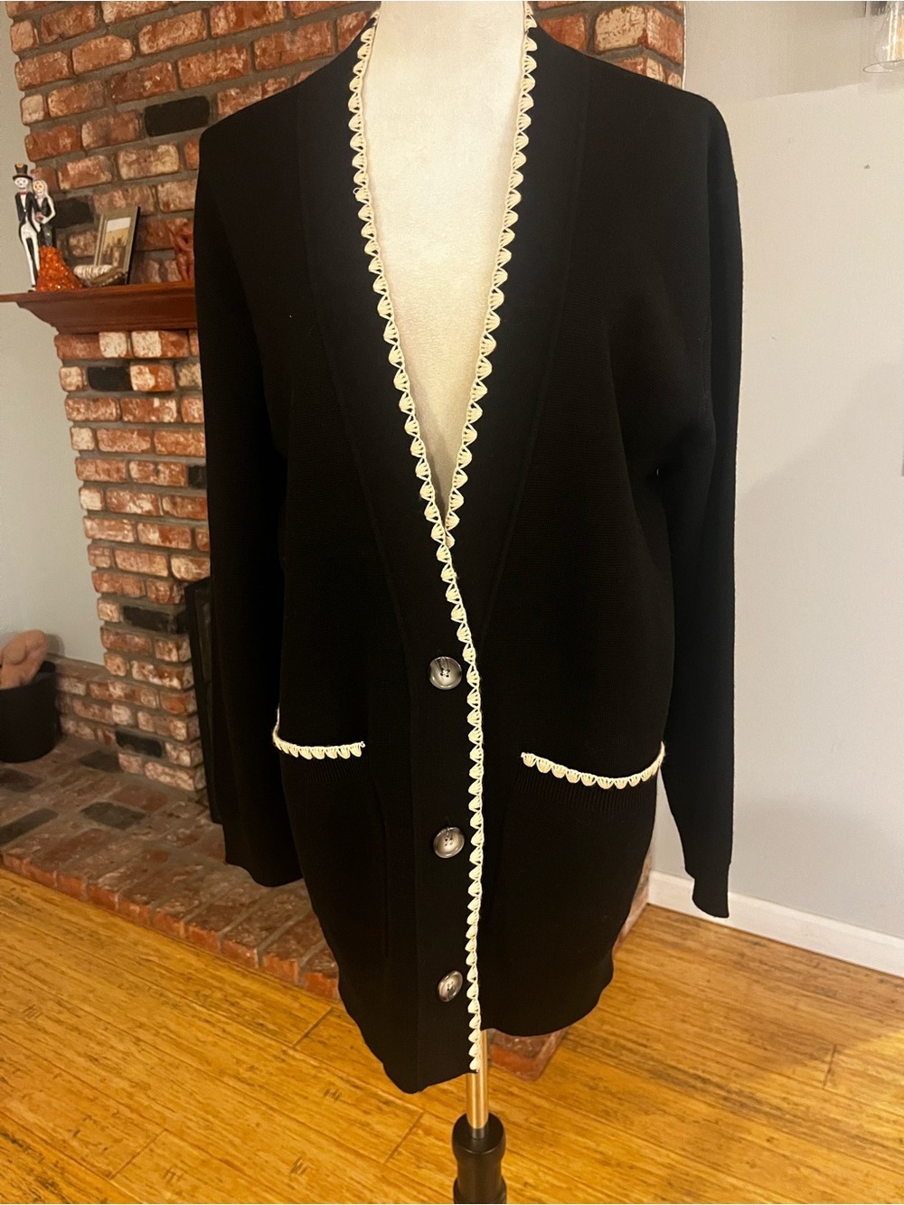 Rebecca Taylor Black Cardigan with Cream Scalloped Trim